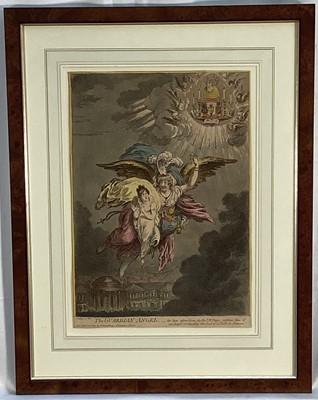 Lot 1232 - James Gillray (1756-1815) hand coloured etching - The Guardian Angel, published April 22nd, 1805 by H. Humphrey, BM 10389, 37cm x 26cm, in glazed frame