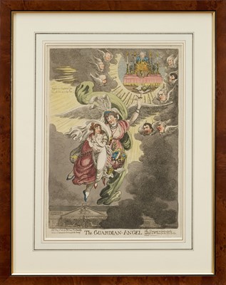 Lot 1233 - Williams (after Gillray) hand coloured etching - The Guardian Angel, published May 10th, 1805, by S.W. Fores, BM 10401, 36cm x 26cm, in glazed frame