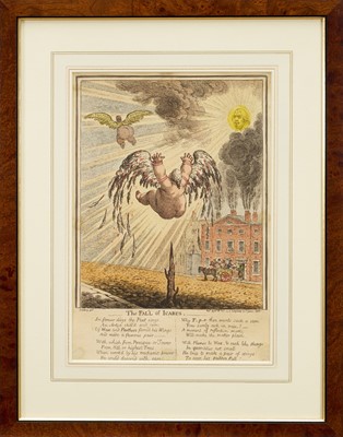 Lot 1234 - James Gillray (1756-1815) hand coloured etching - The Fall of Icarus, published April 20th 1807, by H. Humphrey, BM 10721, 35cm x 24cm, in glazed frame