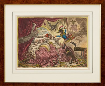 Lot 1238 - James Gillray (1756-1815) hand coloured etching - Comforts of a Bed of Roses, published April 21st 1806, by H. Humphrey, BM 10558, 26.5cm x 35.5cm, in glazed frame