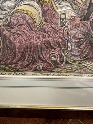 Lot 1238 - James Gillray (1756-1815) hand coloured etching - Comforts of a Bed of Roses, published April 21st 1806, by H. Humphrey, BM 10558, 26.5cm x 35.5cm, in glazed frame