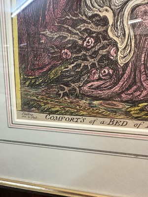 Lot 1238 - James Gillray (1756-1815) hand coloured etching - Comforts of a Bed of Roses, published April 21st 1806, by H. Humphrey, BM 10558, 26.5cm x 35.5cm, in glazed frame