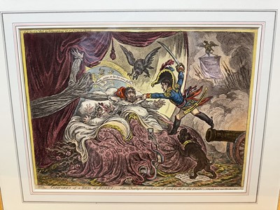 Lot 1238 - James Gillray (1756-1815) hand coloured etching - Comforts of a Bed of Roses, published April 21st 1806, by H. Humphrey, BM 10558, 26.5cm x 35.5cm, in glazed frame