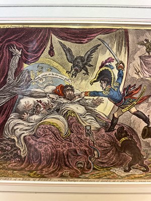 Lot 1238 - James Gillray (1756-1815) hand coloured etching - Comforts of a Bed of Roses, published April 21st 1806, by H. Humphrey, BM 10558, 26.5cm x 35.5cm, in glazed frame