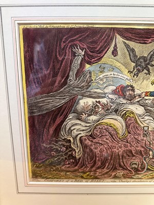 Lot 1238 - James Gillray (1756-1815) hand coloured etching - Comforts of a Bed of Roses, published April 21st 1806, by H. Humphrey, BM 10558, 26.5cm x 35.5cm, in glazed frame