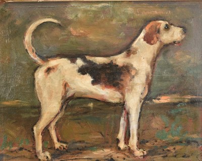 Lot 1473 - English School oil on panel - A Foxhound, 24cm x 31cm, in gilt and ebonised frame