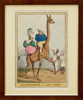 Lot 1239 - William Heath (1795-1840) two hand coloured etchings, - The Camelopard or a New Hobby and State of the Giraffe, published 1827 (BM 15425) and 1829 (BM 15839) respectively, 35cm x 24cm and 34c...