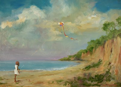 Lot 1481 - Dave Ross (Contemporary) oil on board - Flying a Kite, signed and dated '24, 45cm x 60cm, in painted frame