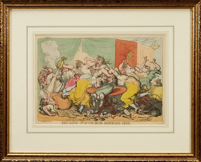 Lot 1240 - Thomas Rowlandson (1756-1827) two hand coloured etchings, - Breaking Up of The Blue Stocking Club and The Dead Alive! (After H Wigstead), published 1815 (BM 12642) and 1795 respectively, 24...