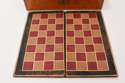 Lot 1179 - Edwardian mahogany games compendium with fitted interior comprising draughts, chess, backgammon, solitaire, dominoes, bezique, cribbage and classic steeplechase horse racing game