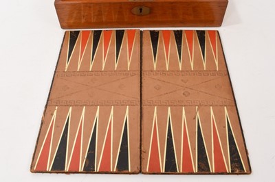 Lot 1179 - Edwardian mahogany games compendium with fitted interior comprising draughts, chess, backgammon, solitaire, dominoes, bezique, cribbage and classic steeplechase horse racing game