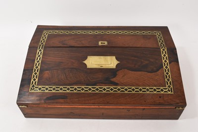 Lot 1178 - Regency rosewood and brass inlaid writing box with fitted interior enclosed by hinged lid and sloping front