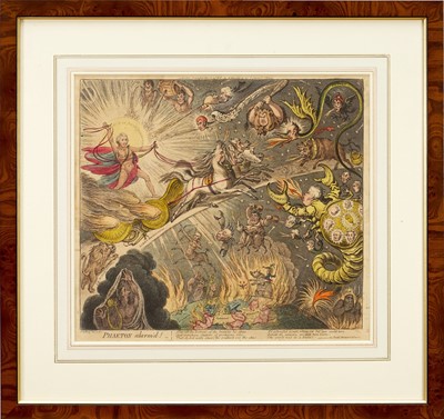 Lot 1241 - James Gillray (1756-1815) hand coloured etching - Phaeton Alarm'd!, published March 22nd, 1808, by H. Humphrey, BM 10972, 34cm x 38cm, in glazed frame