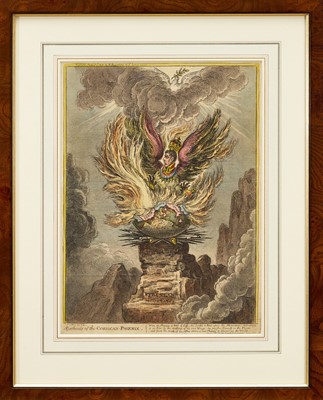 Lot 1242 - James Gillray (1756-1815) hand coloured etching - The Apotheosis of the Corsican Phoenix, published August 2nd, 1808, by H. Humphrey, BM 11007, 36cm x 26cm, in glazed frame