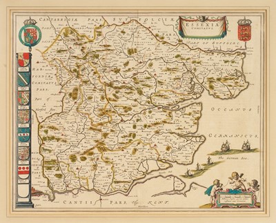 Lot 1294 - Joan Blaeu (1596-1673) - 17th century hand coloured engraving- map of Essex 'Essexia Comitatus' circa 1645, 43cm x 53cm