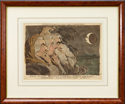 Lot 1247 - James Gillray (1756-1815) hand coloured etching - Wierd Sisters; Ministers of Darkness; Minions of The Moon, published Dec 23rd, 1791, by H. Humphrey, BM 7937, 25cm x 35cm, in glazed frame