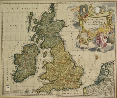 Lot 1295 - Johann Baptist Homann (1663-1724) hand coloured engraved map, 'Magna Britannia', published 1712, 50cm x 59cm, in glazed frame