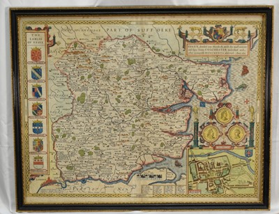 Lot 1296 - John Speede and John Norden, hand coloured engraved map of Essex, 40.5 x 51.5cm, in double-sided glazed frame