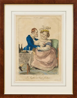 Lot 1249 - French (Anon) hand coloured engravings, a pair - L'Anglais en bonne fortune and L'Inconvénient de politiquer en buvant du Punch', both c.1815, in glazed frames (2)