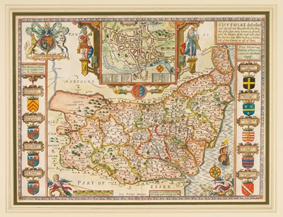 Lot 1297 - John Speede, 17th century hand coloured engraved map of Suffolk, described and divided into Hundreds, c1676. With inset plan of Ipswich and Arms of the Dukes & Earls of Essex, 38.5cm x 51.5c...