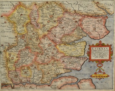 Lot 1298 - William Kip after Christopher Saxton, 17th century hand coloured engraved map of Essex, from Camden's Britannia, Latin text verso, 32.5cm x 39cm, in double-sided glazed frame