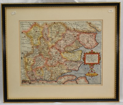 Lot 1298 - William Kip after Christopher Saxton, 17th century hand coloured engraved map of Essex, from Camden's Britannia, Latin text verso, 32.5cm x 39cm, in double-sided glazed frame