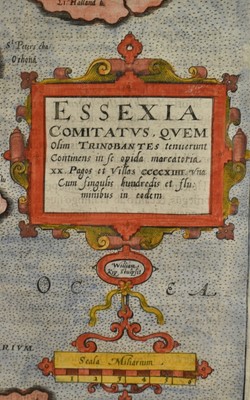 Lot 1298 - William Kip after Christopher Saxton, 17th century hand coloured engraved map of Essex, from Camden's Britannia, Latin text verso, 32.5cm x 39cm, in double-sided glazed frame