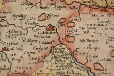 Lot 1298 - William Kip after Christopher Saxton, 17th century hand coloured engraved map of Essex, from Camden's Britannia, Latin text verso, 32.5cm x 39cm, in double-sided glazed frame