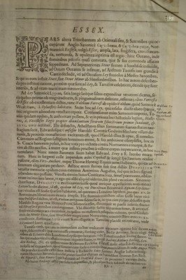 Lot 1298 - William Kip after Christopher Saxton, 17th century hand coloured engraved map of Essex, from Camden's Britannia, Latin text verso, 32.5cm x 39cm, in double-sided glazed frame
