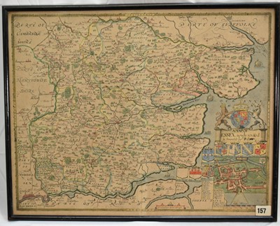 Lot 1299 - Christopher Saxton and P. Lea, late 17th century hand coloured engraved map of Essex, 43cm x 55.5cm, in glazed frame