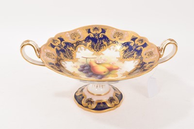 Lot 393 - Royal Worcester twin-handled tazza, painted with fruit by Albert Shuck, printed mark, 32cm wide