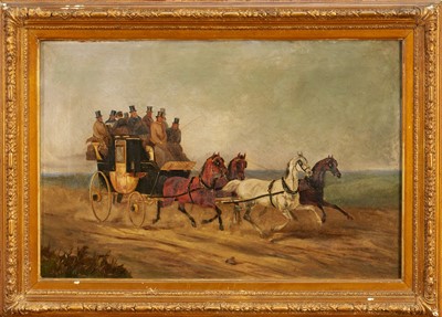 Lot 1484 - Manner of Henry Alken, pair of 19th century oils on canvas - Coaching scenes, 31cm x 46cm, in gilt frames