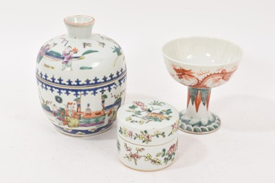 Lot 396 - Three pieces of Chinese porcelain, late 19th/early 20th century, including a stamp cup, bowl and cover, and pot