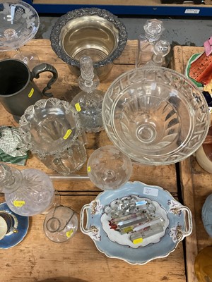 Lot 22 - Collection of glass, glass lustre, ceramics, plated wine cooler and pewter tankard