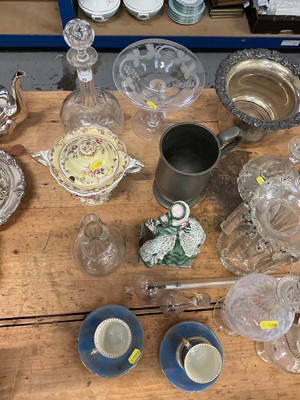 Lot 22 - Collection of glass, glass lustre, ceramics, plated wine cooler and pewter tankard