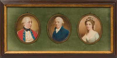 Lot 1162 - English School, 18th century group of three oval portrait miniatures on ivory