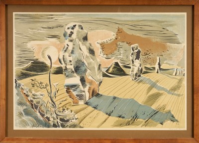 Lot 1486 - Paul Nash (1889-1946) lithograph in colours - Landscape of the Megaliths, 1937, with pencil dedication, ‘Nancy with Paul’s love’, 53cm x 77.5cm, in glazed frame