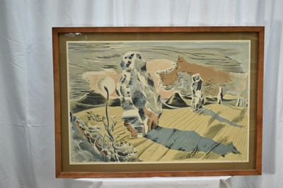 Lot 1486 - Paul Nash (1889-1946) lithograph in colours - Landscape of the Megaliths, 1937, with pencil dedication, ‘Nancy with Paul’s love’, 53cm x 77.5cm, in glazed frame