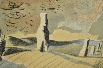 Lot 1486 - Paul Nash (1889-1946) lithograph in colours - Landscape of the Megaliths, 1937, with pencil dedication, ‘Nancy with Paul’s love’, 53cm x 77.5cm, in glazed frame