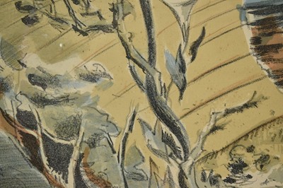 Lot 1486 - Paul Nash (1889-1946) lithograph in colours - Landscape of the Megaliths, 1937, with pencil dedication, ‘Nancy with Paul’s love’, 53cm x 77.5cm, in glazed frame