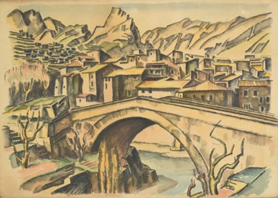 Lot 1488 - *Adrian Allinson (1890-1958) watercolour and pencil - View of a City (probably Nyons France), 31cm x 45cm, in glazed frame