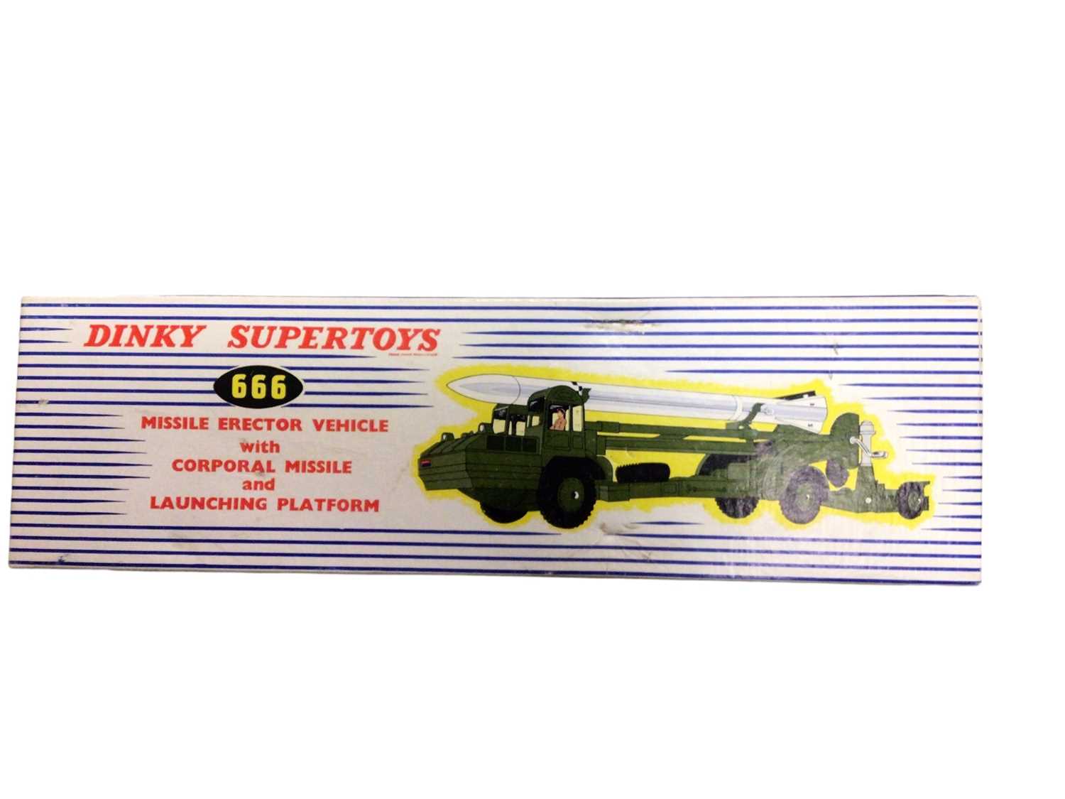 Lot 1859 - Dinky Supertoys Missile Erector Vehicle with Corporal Missile (fin missing) & Launching platform, No.666 & Missile Servicing Platform Vehicle, No.667, both boxed (2)