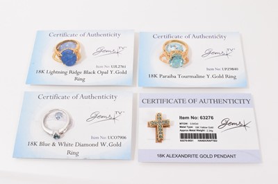 Lot 10 - 18ct white gold gem set ring, two 18ct gold gem set cocktail rings and 18ct gold gem set cross pendant, all with Gems TV certificates