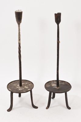 Lot 988 - Near pair of 18th century wrought iron socket candle holders (2)