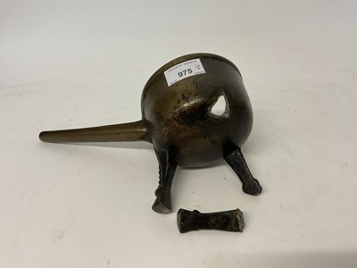 Lot 975 - Bronze skillet, brass ejector candlestick and steel wick trimmers