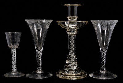 Lot 142 - Pair of air twist stem glasses, an opaque twist glass and a candlestick (4)