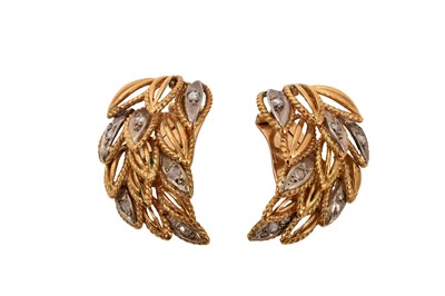 Lot 768 - Pair of 18ct gold and diamond earrings with stylized gold feathers and rose cut diamonds, with clip fittings