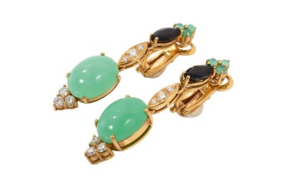 Lot 766 - Pair of 18ct gold gem-set pendant earrings, each with a green hardstone cabochons, blue sapphires and diamonds, 50mm.