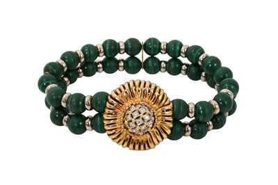 Lot 772 - Gold and malachite bracelet with two strings of 8mm malachite beads on an 18ct gold and pavé set diamond flower head clasp, 19cm