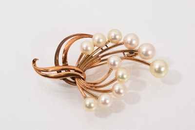 Lot 774 - Gold and cultured pearl floral spray brooch, stamped 14k, 55mm.